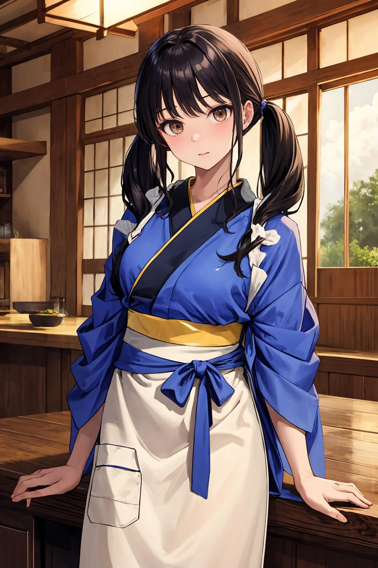 masterpiece, best quality, highres, aatakina, long hair, twintails, black hair, breasts, japanese clothes, (blue kimono:1.2), tasuki, long sleeves, sash, (brown apron:1.2), <lora:inoue_takina_v1:0.7>, indoors, standing, cowboy shot, head tilt