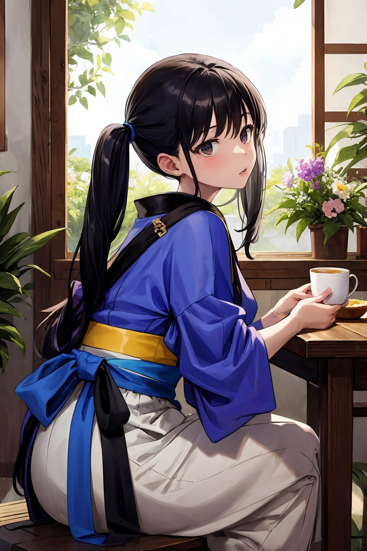 masterpiece, best quality, highres, aatakina, long hair, twintails, black hair, breasts, japanese clothes, (blue kimono:1.2), tasuki, long sleeves, sash, (brown apron:1.2), <lora:inoue_takina_v1:0.7>,
full body, from side, looking to the viewer, long shot, table, tee cup, holding cup, sitting, on chair, flower field, close portrait, upper body