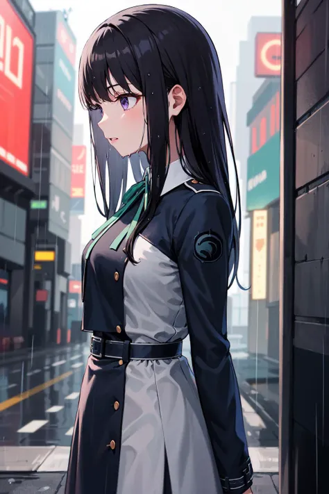 masterpiece, best quality, highres, aatakina, long hair, black hair, breasts, neck ribbon, collared shirt, lycoris uniform, two-tone dress, blue dress, grey dress, long sleeves, belt, <lora:inoue_takina_v1:0.7>, night, rain, wet, city, cyberpunk, from side