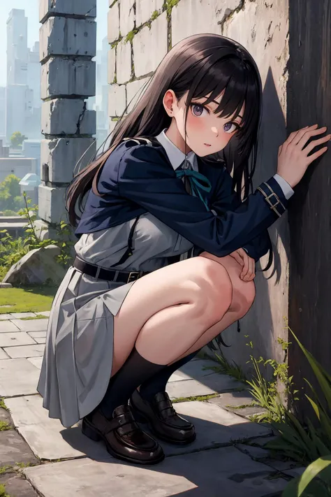 masterpiece, best quality, highres, aatakina, long hair, black hair, breasts, neck ribbon, collared shirt, lycoris uniform, two-tone dress, blue dress, grey dress, long sleeves, belt, <lora:inoue_takina_v1:0.7>, ruins, squatting, wall, looking the viewer