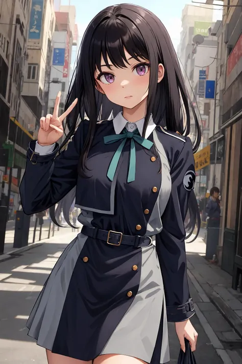 masterpiece, best quality, highres, aatakina, long hair, black hair, breasts, neck ribbon, collared shirt, lycoris uniform, two-tone dress, blue dress, grey dress, long sleeves, belt, <lora:inoue_takina_v1:0.7>, peace sign, close portrait