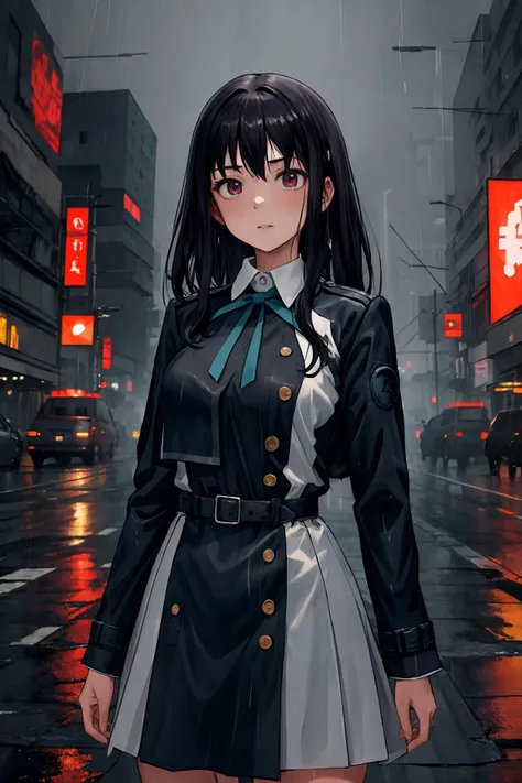 masterpiece, best quality, highres, aatakina, long hair, black hair, breasts, neck ribbon, collared shirt, lycoris uniform, two-tone dress, blue dress, grey dress, long sleeves, belt, <lora:inoue_takina_v1:0.7>, night, rain, wet, city, cyberpunk, Black jacket