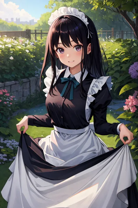 masterpiece, best quality, highres, aatakina, long hair, black hair, <lora:inoue_takina_v1:0.7>, maid, maid headdress, smile, skirt hold, garden,