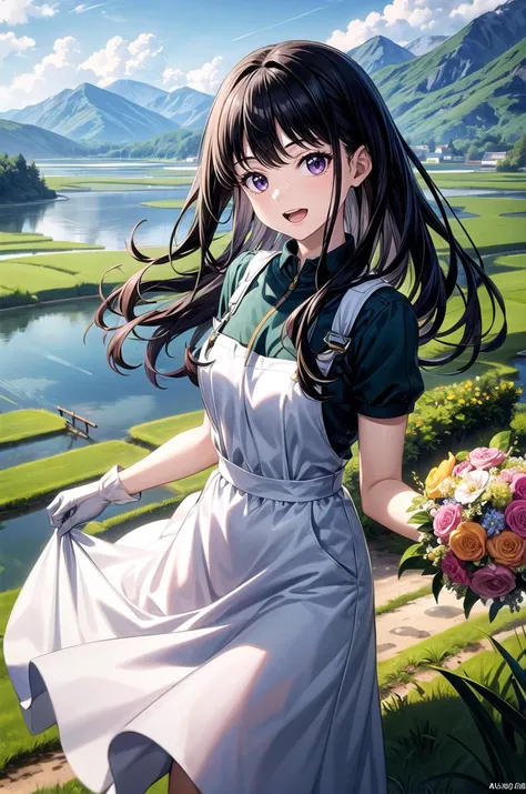 (masterpiece, best quality, detailed), 1girl, solo, looking at viewer, aatakina, long hair, black hair, breasts,
overalls, short sleeves, white gloves, green shirt, rice paddy, rural, mud, power lines, scenery, hill, mountainous horizon, holding bouquet, bouquet, flower, smile, open mouth, happy