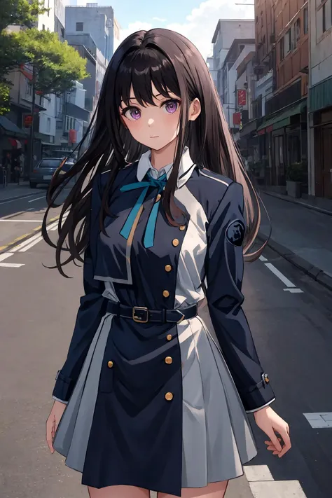 masterpiece, best quality, highres, aatakina, long hair, black hair, breasts, neck ribbon, collared shirt, lycoris uniform, two-tone dress, blue dress, grey dress, long sleeves, belt, <lora:inoue_takina_v1:0.7>, cowboy shot, standing, outdoors