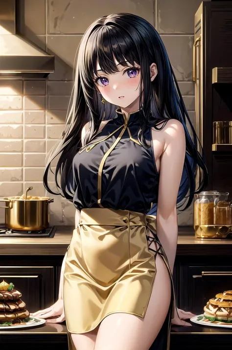 (masterpiece, best quality, detailed), 1girl, solo, looking at viewer, aatakina, long hair, black hair, breasts,
<lora:LuxTech:1>, luxtech, gold, luxurious, indoors, kitchen, (food:1.3), arms behind back, parted lips, blush