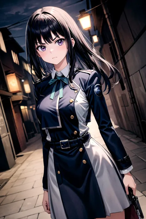 (masterpiece, best quality, detailed), 1girl, solo, looking at viewer, aatakina, long hair, black hair, breasts, neck ribbon, collared shirt, lycoris uniform, two-tone dress, blue dress, grey dress, long sleeves, belt, serious, closed mouth, v-shaped eyebrows, 
dutch angle, holding gun, holding, contrapposto, aiming, <lora:alley:1>, alleyway, industrial pipe, building, urban, power lines, cloudy sky, sign, dark, night