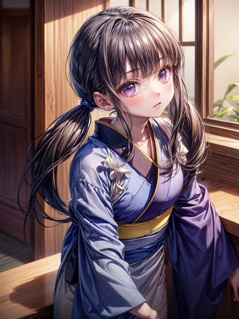 (masterpiece,ultra-detailed,best quality,8K,CG,realistic,illustration:1.2),(perfect-composition,detailed beautiful face,Clean skin,photographical skin,shiny skin,shiny hair, photographical hair,ultra detailed eyes,shaved,kawaii,uncensored:1.2),<lora:add_detail:1.8>, (petite girl:1.4), <lora:inoue_takina_v1:0.6> aatakina, long hair, black hair,purple eyes, middle breasts, (twintails, japanese clothes, (blue kimono:1.2), tasuki, long sleeves, sash, (brown apron:1.2):1.0), <lora:Loraeyes_V1:0.2> loraeyes
