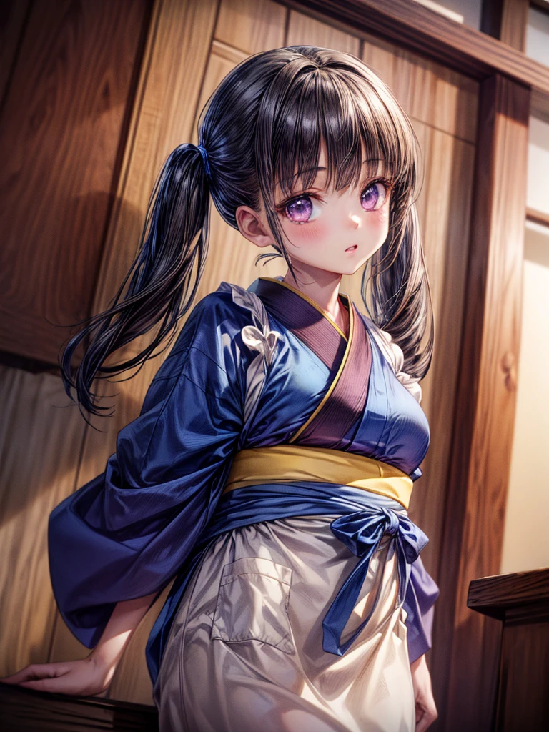 (masterpiece,ultra-detailed,best quality,8K,CG,realistic,illustration:1.2),(perfect-composition,detailed beautiful face,Clean skin,photographical skin,shiny skin,shiny hair, photographical hair,ultra detailed eyes,shaved,kawaii,uncensored:1.2),<lora:Loraeyes_V1:0.3> loraeyes,<lora:add_detail:1.8>, (ite girl:1.4), <lora:inoue_takina_v1:0.6> aatakina, long hair, black hair,purple eyes, middle breasts, (twintails, japanese clothes, (blue kimono:1.2), tasuki, long sleeves, sash, (brown apron:1.2):1.0),