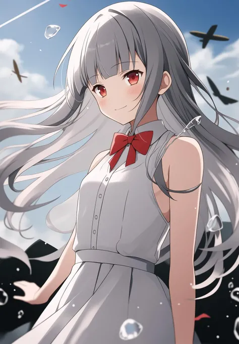 Brilliant light and shadow,Back lit,1girl, side blunt bangs,hairs between eyes,Red eyes,delicate face, ribbons,White Dress, bowties, buttons, bare shoulders,Detached Sleeve,(small breast), ((breeze)), Flying splashes,wind,Long flowing hair,(Broken glass),Grey hair,The flying water,Hair covering your body,The flying red ribbon,
(Ink painting style),
[:(Delicate arms and hands):0.8]