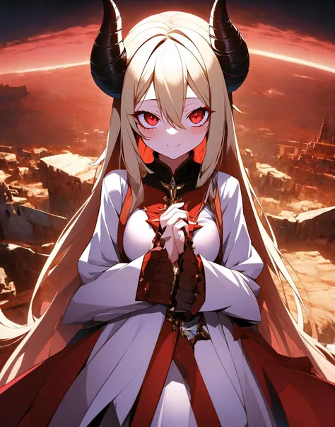 1girl, blonde hair, absurdly long hair, demonic red eyes, horns, bright white radiant clothes,  fantasy cities evening, flying away from viewer, moe anime style, aesthetic, camerafrom above, red sky