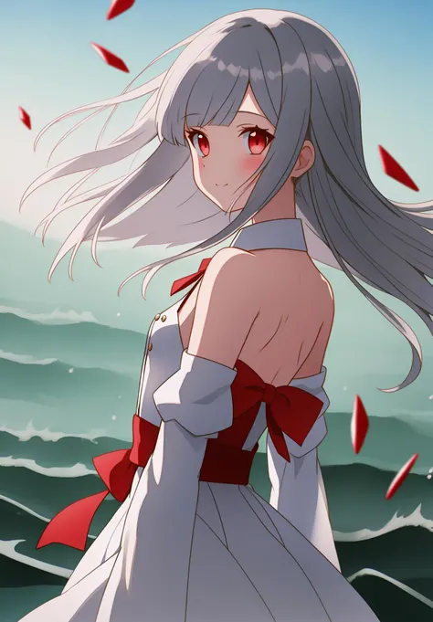 Brilliant light and shadow,Back lit,1girl, side blunt bangs,hairs between eyes,Red eyes,delicate face, ribbons,White Dress, bowties, buttons, bare shoulders,Detached Sleeve,(small breast), ((breeze)), Flying splashes,wind,Long flowing hair,(Broken glass),Grey hair,The flying water,Hair covering your body,The flying red ribbon,
(Ink painting style),
[:(Delicate arms and hands):0.8]