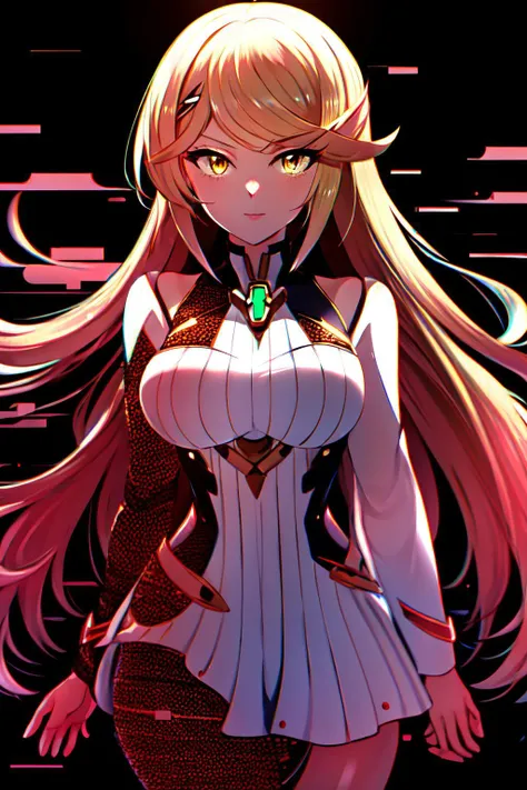 Highly detailed, High Quality, Masterpiece, beautiful, GlitchingBodyPart, glitch, <lora:GlitchingBodyPart:0.9>, solo, cowboy shot, Mythra \(xenoblade\), Mythra:1.2, blonde hair, yellow eyes, long hair, <lora:Char_Xenoblade_PyraMythraPneuma:0.5>
