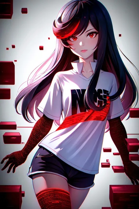 Highly detailed, High Quality, Masterpiece, beautiful, GlitchingBodyPart, <lora:GlitchingBodyPart:0.9>, solo, 1girl, red eyes, black hair, long hair, shirt, white shirt, shorts, short shorts, black shorts