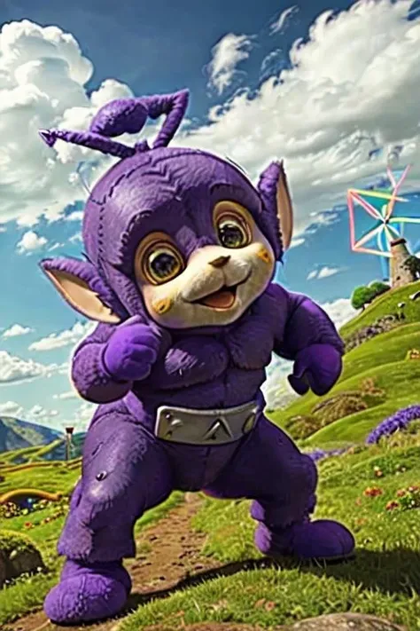 from below,
(medium shot:1.4),photo of (muscular:1.4) (purple skin:1.4) (Tinky-Winky \(Teletubbies\)), (solo focus:1.4), a male, (look at viewer:1.2), front view,
big eyes, mouth smile, (shape of triangle head-ornament:1.3),furry,big ears,
(attacking pose:1.4),
(strong wind:1.4),
mountain-background,
delicate, realistic details, sharp focus, detailed skin,clear image <lora:Tinkywinky-000440:0.48> <lora:bulkedupAI_bulkedupAIR15:0.25>