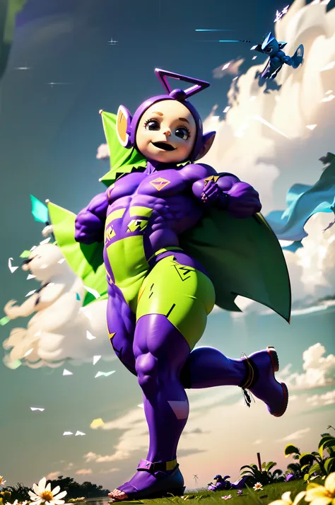 from above,
(medium shot:1.4),photo of (muscular:1.4) (purple skin) Tinkywinky, male, (solo focus:1.4), (look at viewer:1.3), front view,
big eyes, mouth smile, (shape of triangle_head_antenna:1.3),
(dancing:1.4),
(strong wind:1.4), floating cape,
wetland-background,
(delicate, realistic details, sharp focus, detailed skin,clear image)