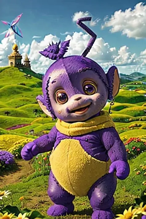 from above,
(medium shot:1.4),photo of (muscular:1.4) (purple skin:1.4) (Tinky-Winky \(Teletubbies\)), (solo focus:1.4), a male, (look at viewer:1.2), front view,
big eyes, mouth smile, (shape of triangle head-ornament:1.3),furry,big ears,
(attacking pose:1.4),
(strong wind:1.4),
flower_field-background,
delicate, realistic details, sharp focus, detailed skin,clear image <lora:Tinkywinky-000440:0.45> <lora:bulkedupAI_bulkedupAIR15:0.25>