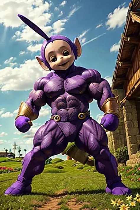 from below,
(medium shot:1.4),photo of (muscular:1.4) (purple skin:1.4) (Tinky-Winky \(Teletubbies\)), (solo focus:1.4), a male, (look at viewer:1.2), front view,
big eyes, mouth smile, (shape of triangle head-ornament:1.3),furry,big ears,
(fighting stance:1.4),
(strong wind:1.4),
hangar-background,
delicate, realistic details, sharp focus, detailed skin,clear image <lora:Tinkywinky-000440:0.48> <lora:bulkedupAI_bulkedupAIR15:0.25>