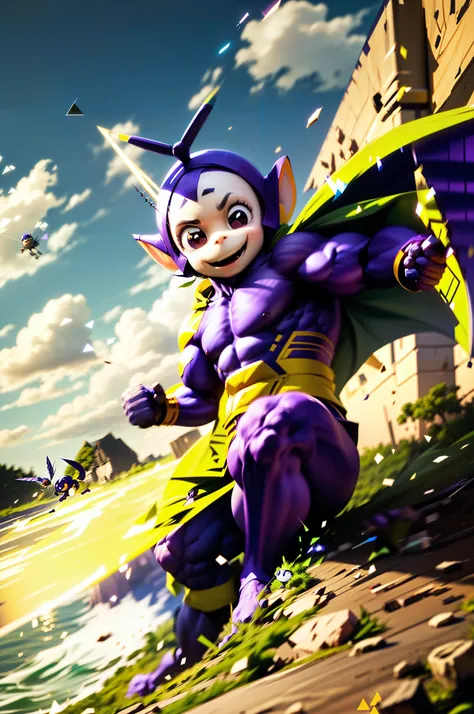 from above,
(medium shot:1.4),photo of (muscular:1.4) (purple skin) Tinkywinky, male, (solo focus:1.4), (look at viewer:1.3), side view,
big eyes, mouth smile, (shape of triangle_head_antenna:1.3),
(fighting stance:1.4),
(strong wind:1.4), floating cape,
zoo-background,
(delicate, realistic details, sharp focus, detailed skin,clear image)