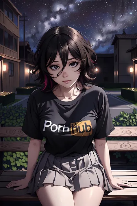 (masterpiece:1.2, best quality:1.1, highres,absurdres, high quality),(photorealistic:1.1),reflected light, colorful,ultra-detailed,8k, ultra hd, super detailed,
akira, black hair, messy hair, hair between eyes,pleated skirt,black eyes, (night,night sky, dark),sitting on park bench, park,black t-shirt with pornhub ,from above, looking at viewer, 
 <lora:AkiraV1:0.6>  <lora:hairdetailer:0.2> <lora:Saya-pornhub(clothes)2:0.8>