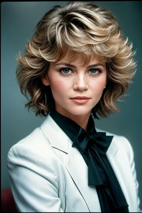 photo of (m4rk1ep0st-130:0.99), a woman, closeup portrait, perfec blonde hair, short 80s haircut, posing, (vintage photo, tuxedo), (closeup portrait), 24mm, (tintype), (analog, film, film grain:1.3), ((plain background, gradient)), ((detailed eyes)), (telephoto lens), (epicPhoto)
