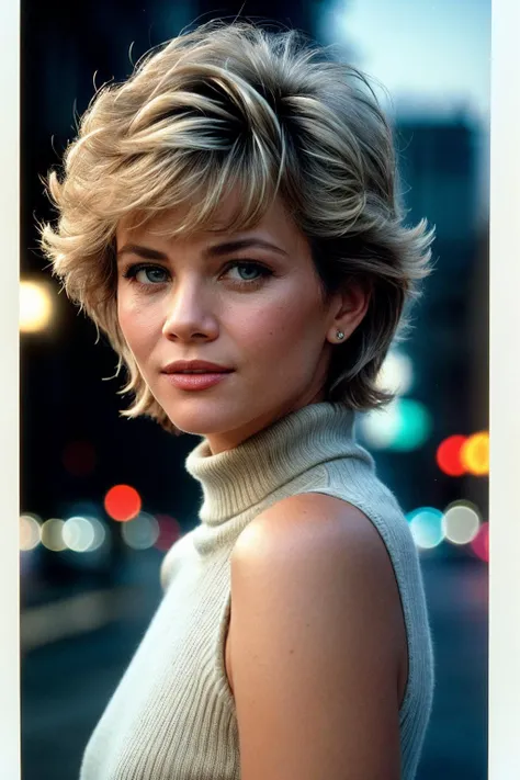 photo of (m4rk1ep0st-130:0.99), a woman, closeup portrait, perfec blonde hair, short 80s haircut, posing, (vintage photo, sleeveless turtleneck), (closeup portrait), 24mm, (tintype), (analog, film, film grain:1.3), ((on the street, gritty, nighttime, old building in background)), ((detailed eyes)), (seductive pose), (epicPhoto)