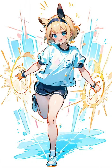 ultra high resolution, ultra detailed, 1girl, animal_ears, bangs, blue_eyes, blush, gym_uniform, hairband, looking_at_viewer, open_mouth, blonde_hair, shirt, short_hair, short_sleeves, shorts, smile, solo, white_shirt, full body, hua_fneg, light particles, <lora:18.37:0.9>