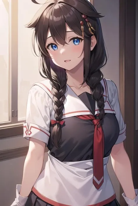 shigure, <lora:shigure-lora-nochekaiser:1>,
shigure, ahoge, brown hair, blue eyes, braid, hair ornament, hair over shoulder, long hair, single braid, hair flaps,
BREAK black gloves, black serafuku, black shirt, black skirt, fingerless gloves, gloves, neckerchief, pleated skirt, red neckerchief, sailor collar, school uniform, serafuku, shirt, skirt, white sailor collar,
BREAK looking at viewer,
BREAK indoors, classroom,
BREAK <lyco:GoodHands-beta2:1>, (masterpiece:1.2), best quality, high resolution, unity 8k wallpaper, (illustration:0.8), (beautiful detailed eyes:1.6), extremely detailed face, perfect lighting, extremely detailed CG, (perfect hands, perfect anatomy),