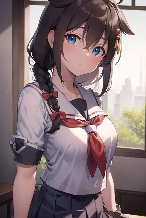 shigure, <lora:shigure-lora-nochekaiser:1>,
shigure, ahoge, brown hair, blue eyes, braid, hair ornament, hair over shoulder, long hair, single braid, hair flaps,
BREAK black gloves, black serafuku, black shirt, black skirt, fingerless gloves, gloves, neckerchief, pleated skirt, red neckerchief, sailor collar, school uniform, serafuku, shirt, skirt, white sailor collar,
BREAK looking at viewer,
BREAK indoors, classroom,
BREAK <lyco:GoodHands-beta2:1>, (masterpiece:1.2), best quality, high resolution, unity 8k wallpaper, (illustration:0.8), (beautiful detailed eyes:1.6), extremely detailed face, perfect lighting, extremely detailed CG, (perfect hands, perfect anatomy),