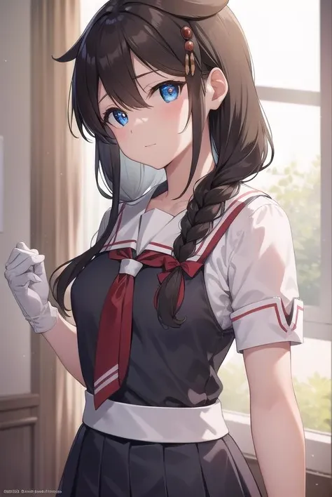 shigure, <lora:shigure-lora-nochekaiser:1>, 
shigure, ahoge, brown hair, blue eyes, braid, hair ornament, hair over shoulder, long hair, single braid, hair flaps, (small breast:1.2),
BREAK black gloves, black serafuku, black shirt, black skirt, fingerless gloves, gloves, neckerchief, pleated skirt, red neckerchief, sailor collar, school uniform, serafuku, shirt, skirt, white sailor collar,
BREAK looking at viewer, 
BREAK indoors, classroom,
BREAK <lyco:GoodHands-beta2:1>, (masterpiece:1.2), best quality, high resolution, unity 8k wallpaper, (illustration:0.8), (beautiful detailed eyes:1.6), extremely detailed face, perfect lighting, extremely detailed CG, (perfect hands, perfect anatomy),