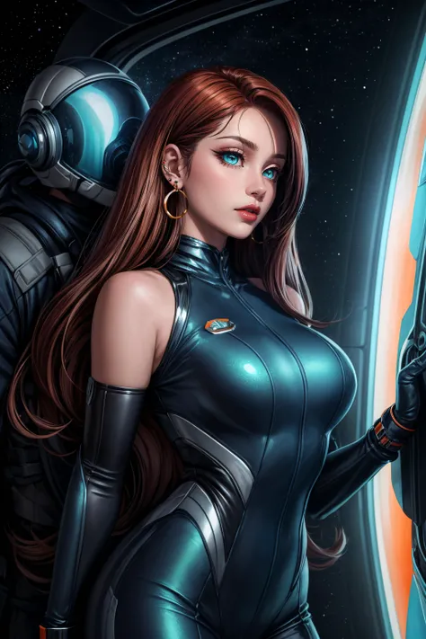 (masterpiece, best quality), Space Explorer, futuristic and sci-fi elements with a metallic jumpsuit, a helmet and ray guns, Woman, Tall, Athletic, Square Face, Olive Skin, Auburn Hair, turquoise Eyes, Long Nose, Thick Lips, Receding Chin, Shoulder-Length Hair, Fine Hair, Angled Bob, firm breasts, Faux gauge earrings, orange velvet lipstick
<lora:add_detail:0.8>,