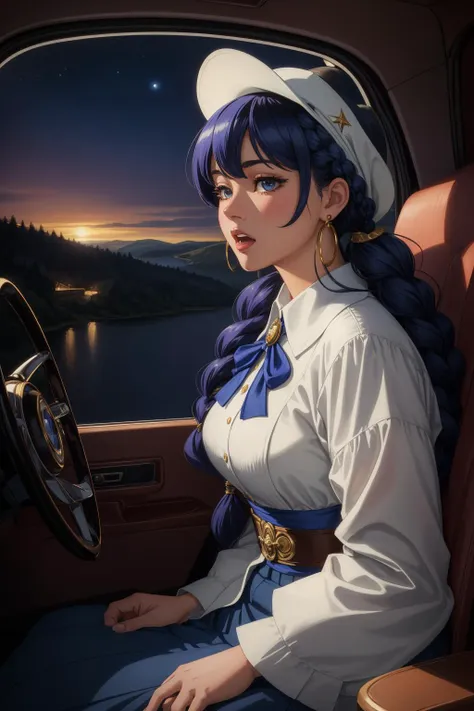 1girl, (digital art stylized by Cory Loftis:0.7) , professional Pencil painting, dense lake and Planet Jupiter in background, insane details, aerial shot of a hefty Celtic (Wife:1.3) , she is very [Controversial|Unreal] and Mysterious, she is driving a 6 wheeled vehicle, she is screaming as a Conquistador, dressed in a very [Supernatural:Atmospheric:1] Pure deep indigo formal suit from the 1950's, her hair is Taiwanese and styled as Dutch braid, she has a [Raging|Underwater] Ukrainian electric yellow Earrings, Renaissance Era Trucker hat, Foggy conditions, Very wide view, Visual novel, Depressing, Wizardcore, loop lighting, L USM, Provia, vignette, stylized, photo-realistic face, realistic pleasant face, Highres, Best quality