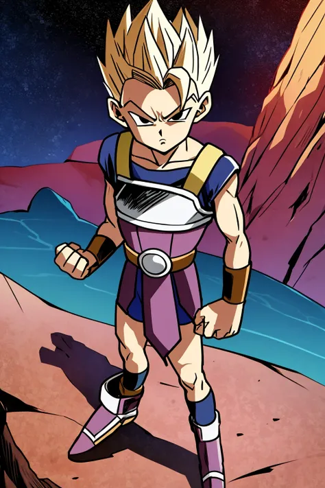 masterpiece, best quality, 1boy, cabba, blonde hair, spiked hair, black eyes, super sayan, (aura), angry, clenched hands, full body, looking at viewer, standing, male focus, planet, solo, mars background <lora:Cabba:1>
