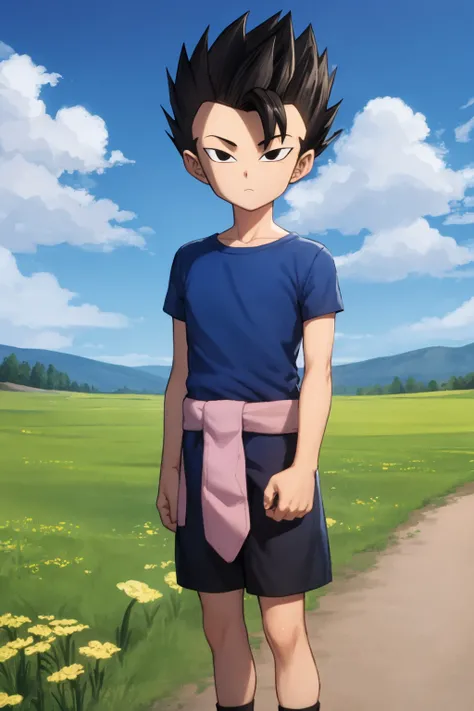masterpiece, best quality, 1boy, cabba, black hair, spiked hair, black eyes, blue shirt, black shorts, sandals, looking at viewer, standing, solo, blue sky, cloud, meadow background <lora:Cabba:1>