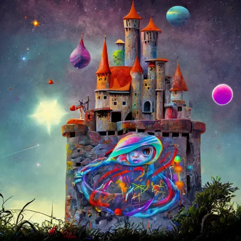 graffiti on a stone castle with parapets floating in space, colorful space scene in background