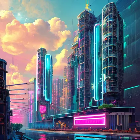 Heaven if it were cyberpunk, volumetric, neon, clouds, bright lights, angelic, beautiful scenery