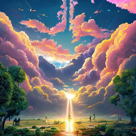 Heaven if it were cyberpunk, volumetric, neon, clouds, bright lights, angelic, beautiful scenery