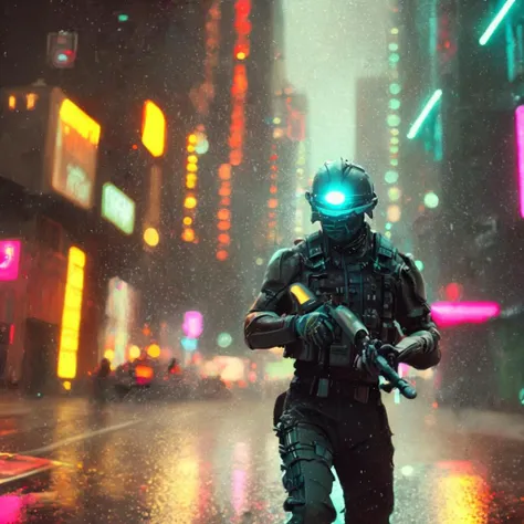 a futuristic soldier with a rifle running in a neon cityscape, pounding rain, cinematic