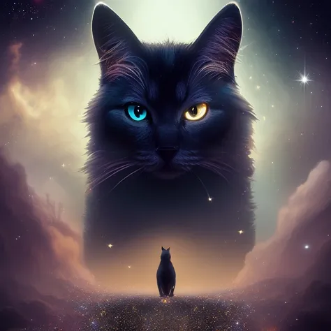 A godly space cat, otherworldly and etherial, full body shot, shimmering sparkles all around, volumetric light, magical, mysterious, dreamlike, surreal, atmospheric, detailed eyes, 4k