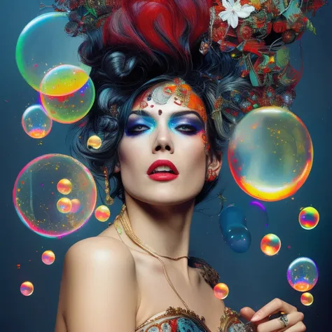 drunken beautiful woman as delirium from sandman, (hallucinating colorful soap bubbles), by jeremy mann, by sandra chevrier, by dave mckean and richard avedon and maciej kuciara, punk rock, tank girl, high detailed, 8k