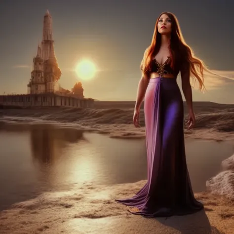full body image of a beautiful female, long hair, fantasy, 8k, detailed shadows, vibrant, reflections, detailed, masterpiece, sharp focus, dramatic, tower in background, beautiful face