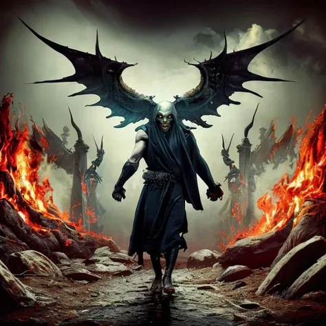 Lucifer the demon ushering souls into hell, sureal, dark, moody lighting, emotional, landscape of the damned, long shot
