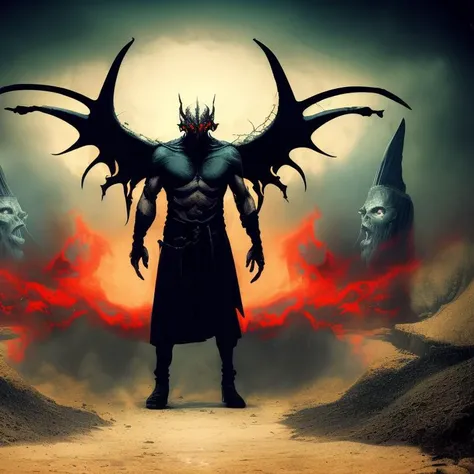 Lucifer the demon ushering souls into hell, sureal, dark, moody lighting, emotional, landscape of the damned, long shot