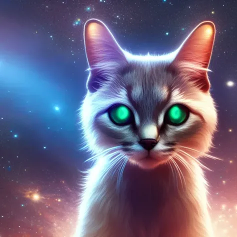 A godly space cat, otherworldly and etherial, full body shot, shimmering sparkles all around, volumetric light, magical, mysterious, dreamlike, surreal, atmospheric, detailed eyes, 4k