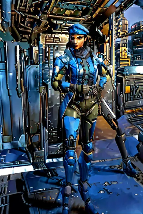 <lora:RW_PS1v1:1> 80mm, (dark shot:1.1), (low poly), 1girl, RAW photo, realistic, (digital), low poly, overwatch, full body, amari, brown eyes, military uniform, blue coat, hands in pockets, armored boots, beret, futuristic city, cyberpunk, sky, sunlight, looking at viewer, slight smile, standing, best quality, ((ps1 style))