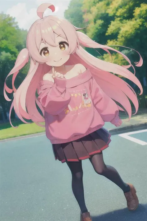 <lora:MahiroV1:.95>, mahiro, 1girl, ahoge, (best quality, masterpiece), long_hair, pose, particle, wind, flower, looking at viewer, focus on face, smile, pink_hair, brown_eyes, smile, blush. outdoors, park, standing, sweater, off-shoulder_sweater, pleated_skirt, pantyhose,