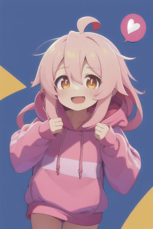 <lora:MahiroV1:.95>, mahiro, 1girl, ahoge, (best quality, masterpiece), hair_between_eyes, hood, hood_down, hoodie, long_hair, long_sleeves, pink_hair, pink_shorts, short_shorts, shorts, smile, solo_focus, speech_bubble, striped, striped_hoodie, very_long_hair