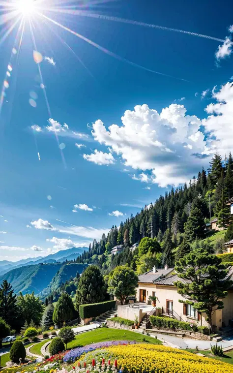 <lora:Archiveria_yiu_v30:0.3>,
a villa on a high mountain cliff,((fresh flower)),blue sky,white cloud,the sun is shining brightly,