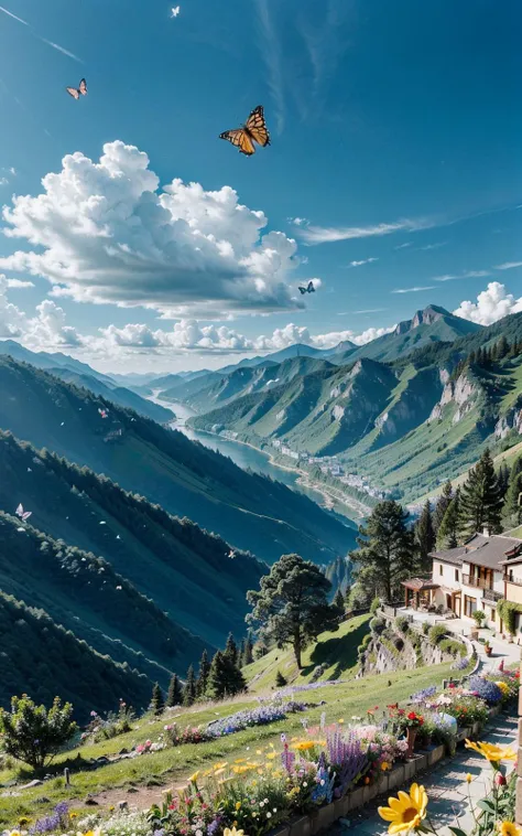 <lora:Archiveria_yiu_v30:0.3>,
a villa on a high mountain cliff,((fresh flower)),butterfly fluttering,blue sky,white cloud,the sun is shining brightly,