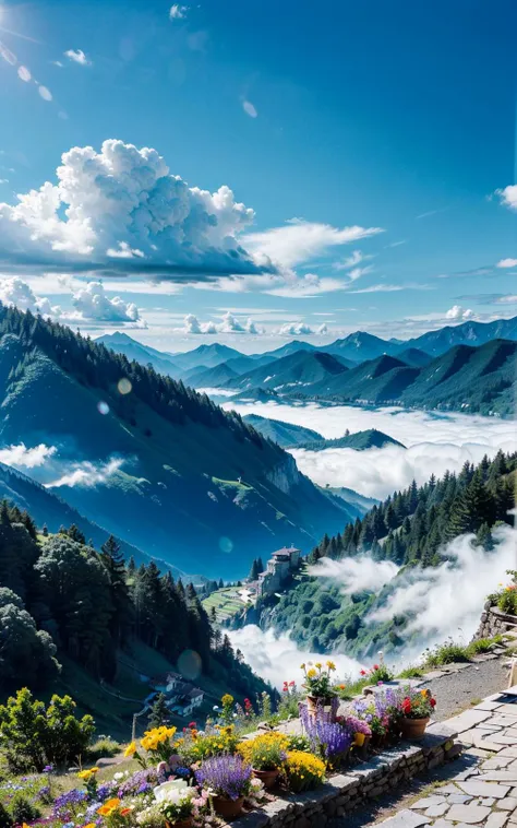 <lora:Archiveria_yiu_v30:0.3>,
a villa on a high mountain cliff,((fresh flower)),blue sky,white cloud,the sun is shining brightly,
